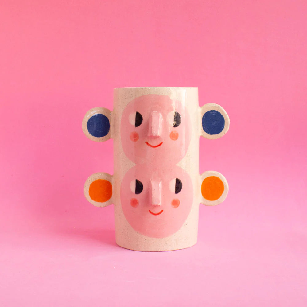 Double Face with Orange & Blue Ears / Ceramic Vase