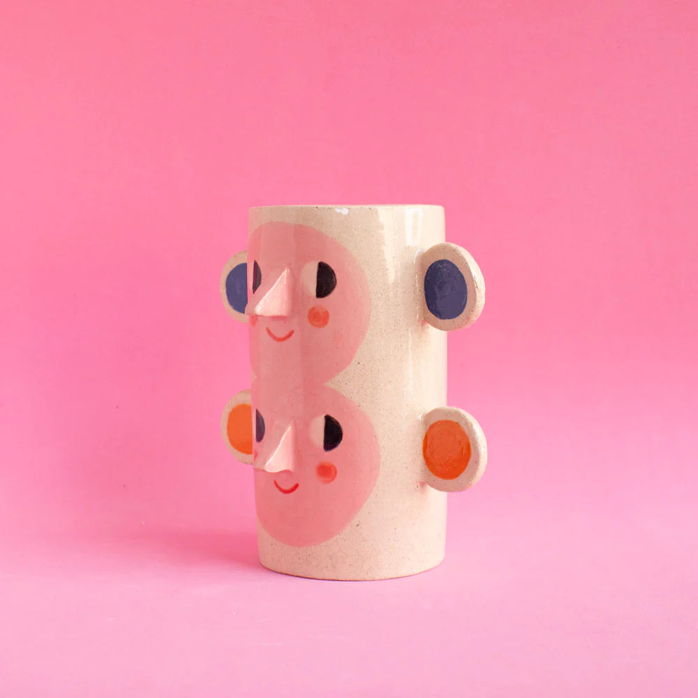 Double Face with Orange & Blue Ears / Ceramic Vase