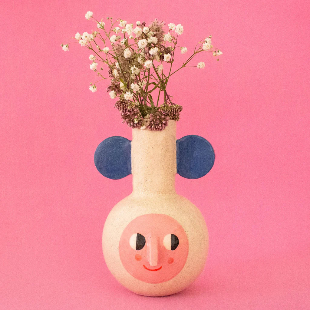 Little Round Vase with Blue Handles / Ceramic Vase