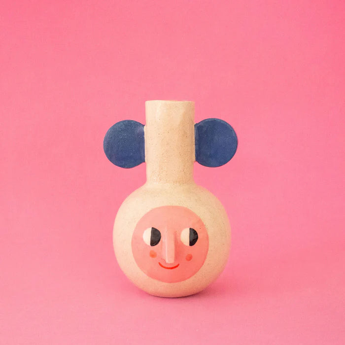 Little Round Vase with Blue Handles / Ceramic Vase