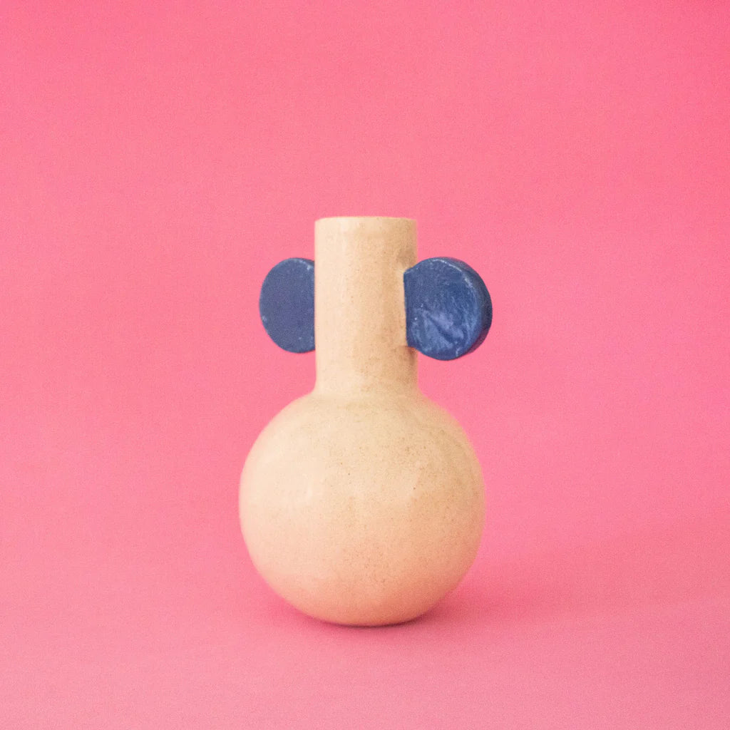 Little Round Vase with Blue Handles / Ceramic Vase